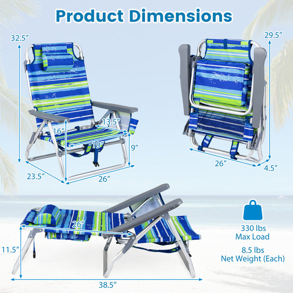 5 adjustable backrest positions for personalized comfort<br>Easy armrest lift mechanism for quick reclining changes<br>Side cup holder and mesh pocket keep essentials handy<br>Zippered insulated cooler bag maintains drinks cold longer<br>Dual-purpose supp