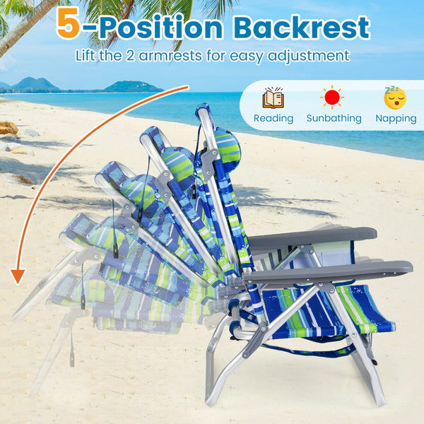 5 adjustable backrest positions for personalized comfort<br>Easy armrest lift mechanism for quick reclining changes<br>Side cup holder and mesh pocket keep essentials handy<br>Zippered insulated cooler bag maintains drinks cold longer<br>Dual-purpose supp