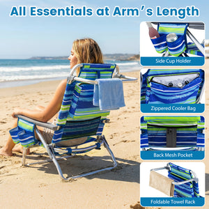 5 adjustable backrest positions for personalized comfort<br>Easy armrest lift mechanism for quick reclining changes<br>Side cup holder and mesh pocket keep essentials handy<br>Zippered insulated cooler bag maintains drinks cold longer<br>Dual-purpose supp