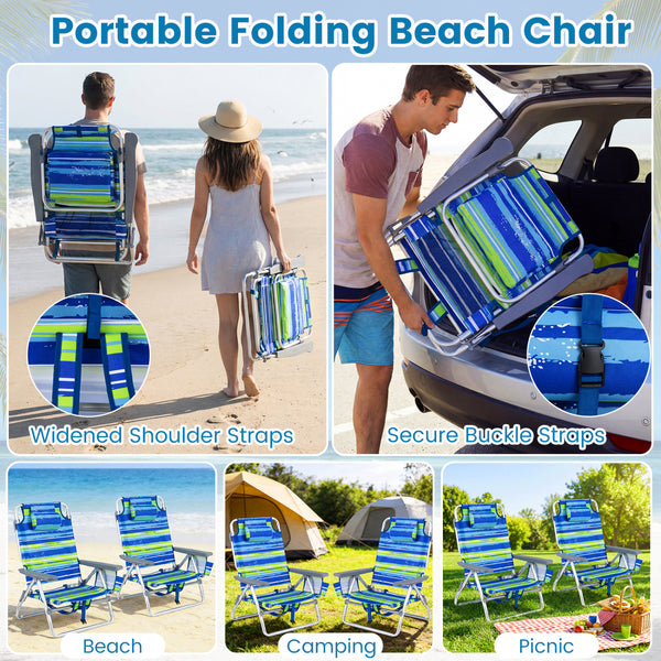 5 adjustable backrest positions for personalized comfort<br>Easy armrest lift mechanism for quick reclining changes<br>Side cup holder and mesh pocket keep essentials handy<br>Zippered insulated cooler bag maintains drinks cold longer<br>Dual-purpose supp