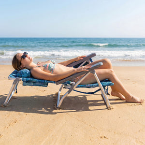 5 adjustable backrest positions for personalized comfort<br>Easy armrest lift mechanism for quick reclining changes<br>Side cup holder and mesh pocket keep essentials handy<br>Zippered insulated cooler bag maintains drinks cold longer<br>Dual-purpose supp
