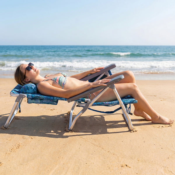 5 adjustable backrest positions for personalized comfort<br>Easy armrest lift mechanism for quick reclining changes<br>Side cup holder and mesh pocket keep essentials handy<br>Zippered insulated cooler bag maintains drinks cold longer<br>Dual-purpose supp