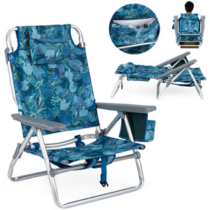 5 adjustable backrest positions for personalized comfort<br>Easy armrest lift mechanism for quick reclining changes<br>Side cup holder and mesh pocket keep essentials handy<br>Zippered insulated cooler bag maintains drinks cold longer<br>Dual-purpose supp