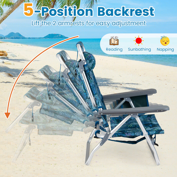 5 adjustable backrest positions for personalized comfort<br>Easy armrest lift mechanism for quick reclining changes<br>Side cup holder and mesh pocket keep essentials handy<br>Zippered insulated cooler bag maintains drinks cold longer<br>Dual-purpose supp