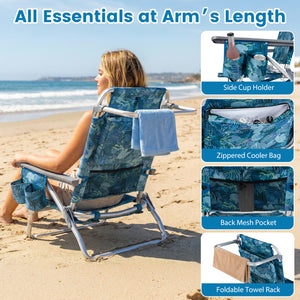 5 adjustable backrest positions for personalized comfort<br>Easy armrest lift mechanism for quick reclining changes<br>Side cup holder and mesh pocket keep essentials handy<br>Zippered insulated cooler bag maintains drinks cold longer<br>Dual-purpose supp