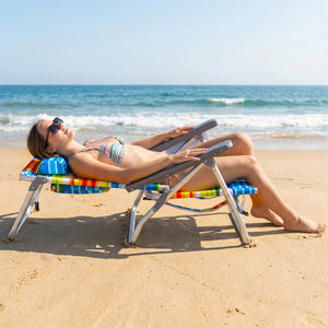 5 adjustable backrest positions for personalized comfort<br>Easy armrest lift mechanism for quick reclining changes<br>Side cup holder and mesh pocket keep essentials handy<br>Zippered insulated cooler bag maintains drinks cold longer<br>Dual-purpose supp