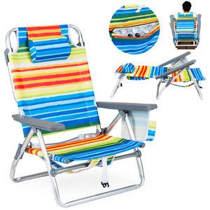 5 adjustable backrest positions for personalized comfort<br>Easy armrest lift mechanism for quick reclining changes<br>Side cup holder and mesh pocket keep essentials handy<br>Zippered insulated cooler bag maintains drinks cold longer<br>Dual-purpose supp