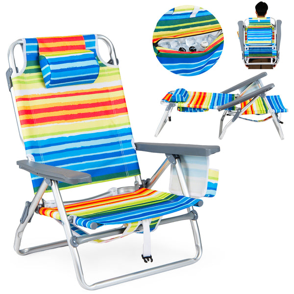 5 adjustable backrest positions for personalized comfort<br>Easy armrest lift mechanism for quick reclining changes<br>Side cup holder and mesh pocket keep essentials handy<br>Zippered insulated cooler bag maintains drinks cold longer<br>Dual-purpose supp