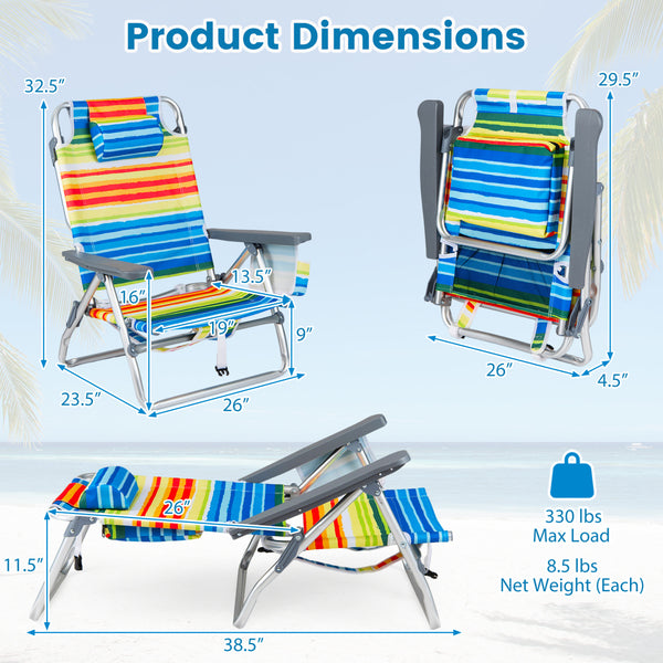 5 adjustable backrest positions for personalized comfort<br>Easy armrest lift mechanism for quick reclining changes<br>Side cup holder and mesh pocket keep essentials handy<br>Zippered insulated cooler bag maintains drinks cold longer<br>Dual-purpose supp