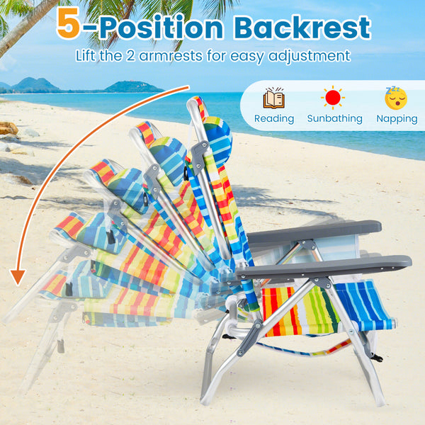5 adjustable backrest positions for personalized comfort<br>Easy armrest lift mechanism for quick reclining changes<br>Side cup holder and mesh pocket keep essentials handy<br>Zippered insulated cooler bag maintains drinks cold longer<br>Dual-purpose supp
