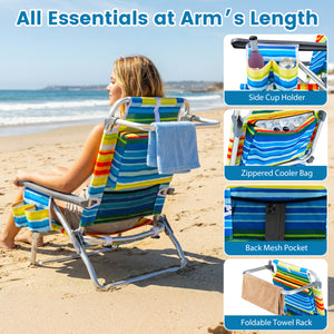 5 adjustable backrest positions for personalized comfort<br>Easy armrest lift mechanism for quick reclining changes<br>Side cup holder and mesh pocket keep essentials handy<br>Zippered insulated cooler bag maintains drinks cold longer<br>Dual-purpose supp