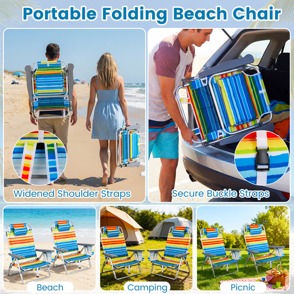 5 adjustable backrest positions for personalized comfort<br>Easy armrest lift mechanism for quick reclining changes<br>Side cup holder and mesh pocket keep essentials handy<br>Zippered insulated cooler bag maintains drinks cold longer<br>Dual-purpose supp