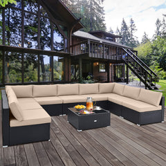 Spacious sitting area accommodates lots of people<br>Soft and elastic seat and back cushions for more comfort<br>Smooth zippers make cushion covers easy to remove and clean<br>4 suction cups fix the tempered glass tabletop in place<br>Heavy-duty metal fra
