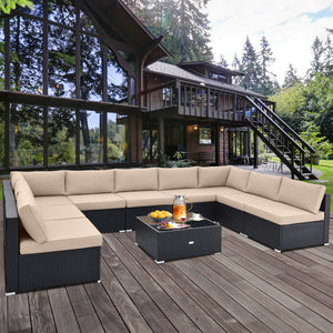 Spacious sitting area accommodates lots of people<br>Soft and elastic seat and back cushions for more comfort<br>Smooth zippers make cushion covers easy to remove and clean<br>4 suction cups fix the tempered glass tabletop in place<br>Heavy-duty metal fra