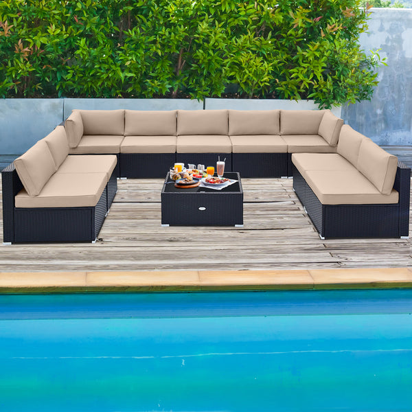 Spacious sitting area accommodates lots of people<br>Soft and elastic seat and back cushions for more comfort<br>Smooth zippers make cushion covers easy to remove and clean<br>4 suction cups fix the tempered glass tabletop in place<br>Heavy-duty metal fra