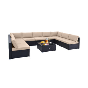 Spacious sitting area accommodates lots of people<br>Soft and elastic seat and back cushions for more comfort<br>Smooth zippers make cushion covers easy to remove and clean<br>4 suction cups fix the tempered glass tabletop in place<br>Heavy-duty metal fra