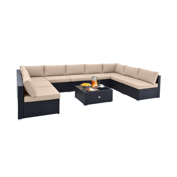 Spacious sitting area accommodates lots of people<br>Soft and elastic seat and back cushions for more comfort<br>Smooth zippers make cushion covers easy to remove and clean<br>4 suction cups fix the tempered glass tabletop in place<br>Heavy-duty metal fra