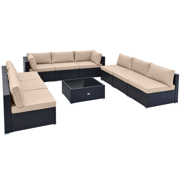 Spacious sitting area accommodates lots of people<br>Soft and elastic seat and back cushions for more comfort<br>Smooth zippers make cushion covers easy to remove and clean<br>4 suction cups fix the tempered glass tabletop in place<br>Heavy-duty metal fra