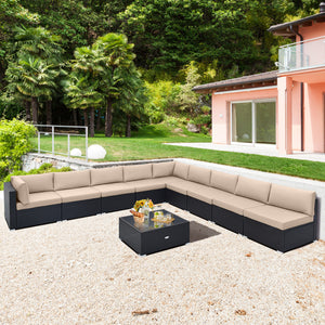 Spacious sitting area accommodates lots of people<br>Soft and elastic seat and back cushions for more comfort<br>Smooth zippers make cushion covers easy to remove and clean<br>4 suction cups fix the tempered glass tabletop in place<br>Heavy-duty metal fra