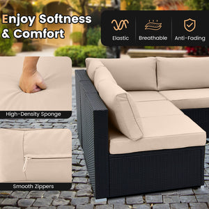 Spacious sitting area accommodates lots of people<br>Soft and elastic seat and back cushions for more comfort<br>Smooth zippers make cushion covers easy to remove and clean<br>4 suction cups fix the tempered glass tabletop in place<br>Heavy-duty metal fra
