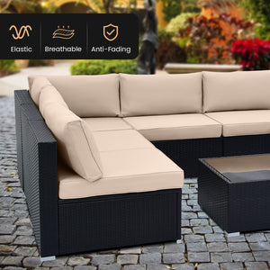 Spacious sitting area accommodates lots of people<br>Soft and elastic seat and back cushions for more comfort<br>Smooth zippers make cushion covers easy to remove and clean<br>4 suction cups fix the tempered glass tabletop in place<br>Heavy-duty metal fra