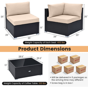 Spacious sitting area accommodates lots of people<br>Soft and elastic seat and back cushions for more comfort<br>Smooth zippers make cushion covers easy to remove and clean<br>4 suction cups fix the tempered glass tabletop in place<br>Heavy-duty metal fra