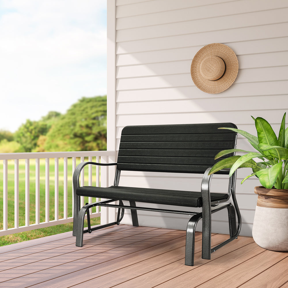 A large sitting area accommodates 2 people comfortably<br>Ergonomic backrest and armrests for a cozy sitting experience<br>Smooth and quiet gliding for a comfortable swing<br>Weather resistant HDPE material for durability<br>Powder coated steel frame for 