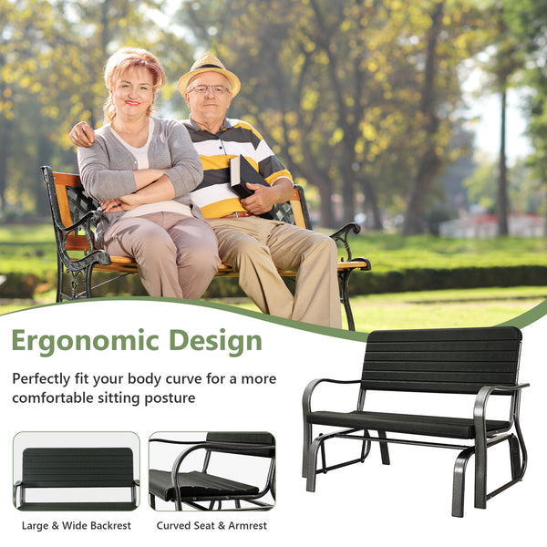 A large sitting area accommodates 2 people comfortably<br>Ergonomic backrest and armrests for a cozy sitting experience<br>Smooth and quiet gliding for a comfortable swing<br>Weather resistant HDPE material for durability<br>Powder coated steel frame for 