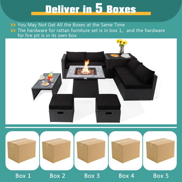Deliver in 5 boxes  may arrive on the different days(White/Turquoise/Black)<br>Deliver in 4 boxes  may arrive on the different days(Gray/Red/Navy) <br>2 bags of screws are packed in the different boxes (1 bag of screws in the fire pit table box and anothe