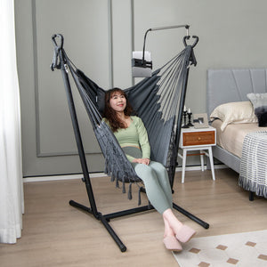 119Â° U-shaped stand for larger and more comfortable sitting area<br>6-position adjustable heights fit various kinds of hanging chairs<br>100% cotton material for unparalleled coziness<br>Humanized pillow protects the neck for more relaxation<br>Heavy-dut