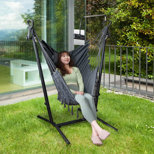 119Â° U-shaped stand for larger and more comfortable sitting area<br>6-position adjustable heights fit various kinds of hanging chairs<br>100% cotton material for unparalleled coziness<br>Humanized pillow protects the neck for more relaxation<br>Heavy-dut