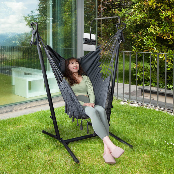 119Â° U-shaped stand for larger and more comfortable sitting area<br>6-position adjustable heights fit various kinds of hanging chairs<br>100% cotton material for unparalleled coziness<br>Humanized pillow protects the neck for more relaxation<br>Heavy-dut