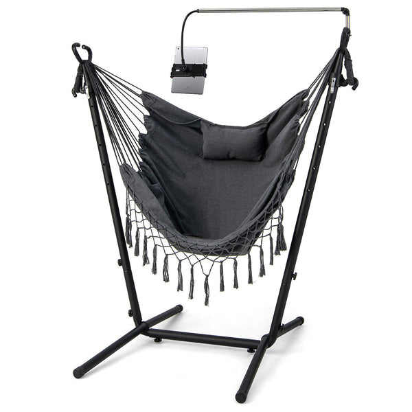119Â° U-shaped stand for larger and more comfortable sitting area<br>6-position adjustable heights fit various kinds of hanging chairs<br>100% cotton material for unparalleled coziness<br>Humanized pillow protects the neck for more relaxation<br>Heavy-dut