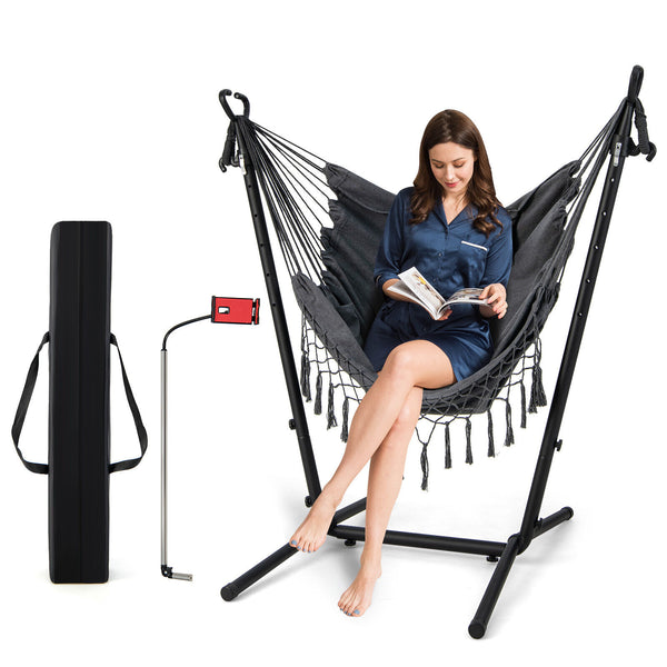 119Â° U-shaped stand for larger and more comfortable sitting area<br>6-position adjustable heights fit various kinds of hanging chairs<br>100% cotton material for unparalleled coziness<br>Humanized pillow protects the neck for more relaxation<br>Heavy-dut