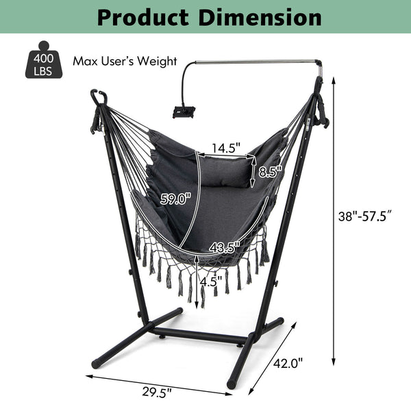 119Â° U-shaped stand for larger and more comfortable sitting area<br>6-position adjustable heights fit various kinds of hanging chairs<br>100% cotton material for unparalleled coziness<br>Humanized pillow protects the neck for more relaxation<br>Heavy-dut