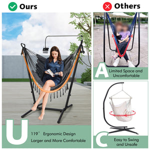 119Â° U-shaped stand for larger and more comfortable sitting area<br>6-position adjustable heights fit various kinds of hanging chairs<br>100% cotton material for unparalleled coziness<br>Humanized pillow protects the neck for more relaxation<br>Heavy-dut