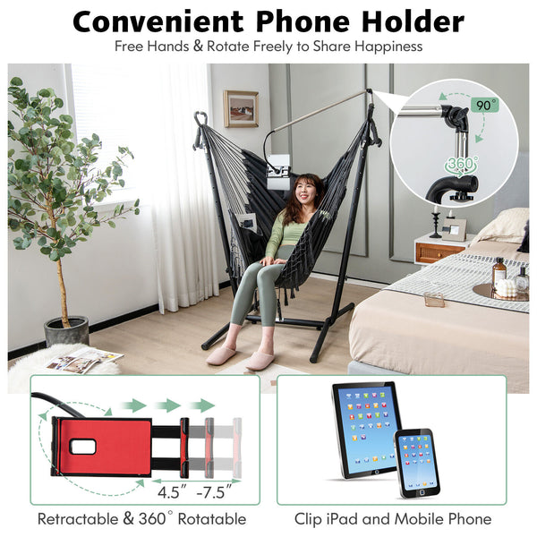 119Â° U-shaped stand for larger and more comfortable sitting area<br>6-position adjustable heights fit various kinds of hanging chairs<br>100% cotton material for unparalleled coziness<br>Humanized pillow protects the neck for more relaxation<br>Heavy-dut