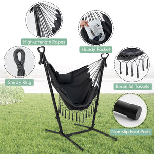 119Â° U-shaped stand for larger and more comfortable sitting area<br>6-position adjustable heights fit various kinds of hanging chairs<br>100% cotton material for unparalleled coziness<br>Humanized pillow protects the neck for more relaxation<br>Heavy-dut