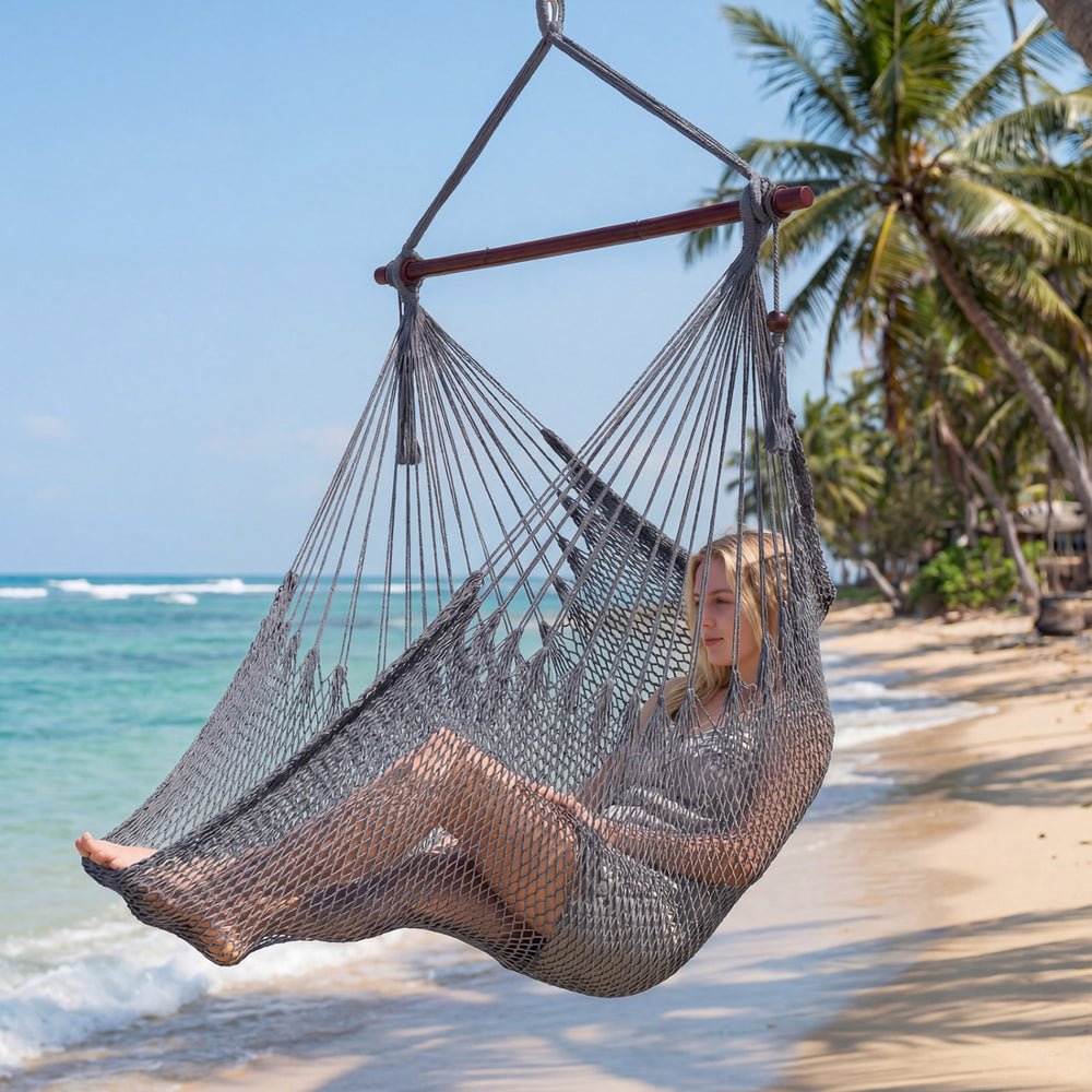 Triple-strand polyester rope ensures breathable comfort<br>Stretchable seat design offers spacious sitting or lying space<br>Strong metal spreader bar supports up to 330 lbs safely<br>Reinforced hanging loops and anti-slip grooves enhance stability<br>Car