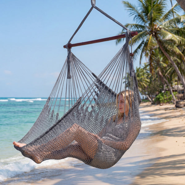 Triple-strand polyester rope ensures breathable comfort<br>Stretchable seat design offers spacious sitting or lying space<br>Strong metal spreader bar supports up to 330 lbs safely<br>Reinforced hanging loops and anti-slip grooves enhance stability<br>Car