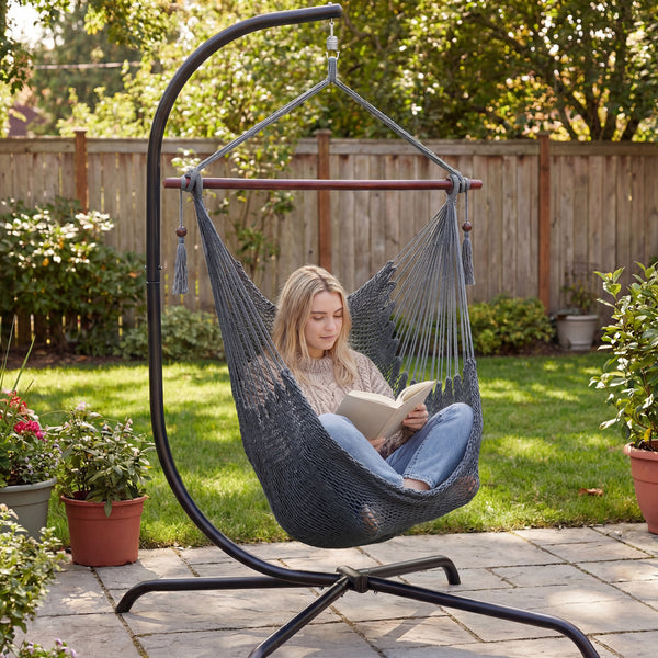 Triple-strand polyester rope ensures breathable comfort<br>Stretchable seat design offers spacious sitting or lying space<br>Strong metal spreader bar supports up to 330 lbs safely<br>Reinforced hanging loops and anti-slip grooves enhance stability<br>Car