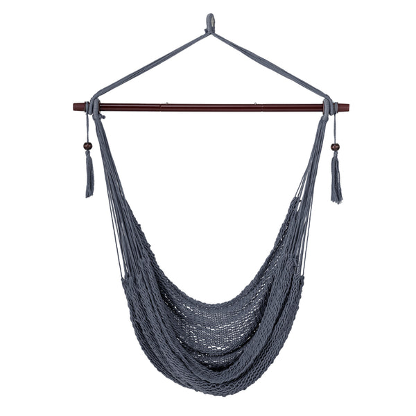 Triple-strand polyester rope ensures breathable comfort<br>Stretchable seat design offers spacious sitting or lying space<br>Strong metal spreader bar supports up to 330 lbs safely<br>Reinforced hanging loops and anti-slip grooves enhance stability<br>Car