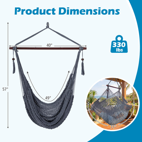 Triple-strand polyester rope ensures breathable comfort<br>Stretchable seat design offers spacious sitting or lying space<br>Strong metal spreader bar supports up to 330 lbs safely<br>Reinforced hanging loops and anti-slip grooves enhance stability<br>Car