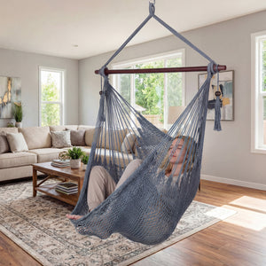 Triple-strand polyester rope ensures breathable comfort<br>Stretchable seat design offers spacious sitting or lying space<br>Strong metal spreader bar supports up to 330 lbs safely<br>Reinforced hanging loops and anti-slip grooves enhance stability<br>Car