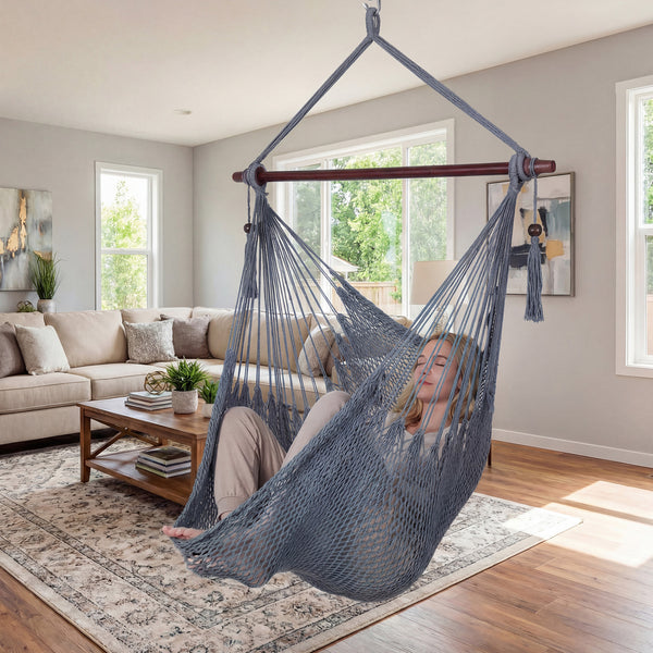 Triple-strand polyester rope ensures breathable comfort<br>Stretchable seat design offers spacious sitting or lying space<br>Strong metal spreader bar supports up to 330 lbs safely<br>Reinforced hanging loops and anti-slip grooves enhance stability<br>Car