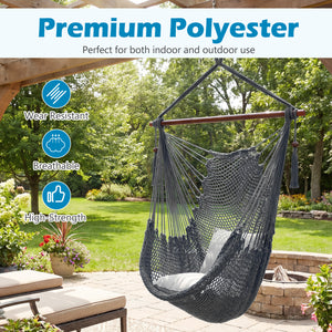 Triple-strand polyester rope ensures breathable comfort<br>Stretchable seat design offers spacious sitting or lying space<br>Strong metal spreader bar supports up to 330 lbs safely<br>Reinforced hanging loops and anti-slip grooves enhance stability<br>Car