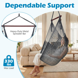 Triple-strand polyester rope ensures breathable comfort<br>Stretchable seat design offers spacious sitting or lying space<br>Strong metal spreader bar supports up to 330 lbs safely<br>Reinforced hanging loops and anti-slip grooves enhance stability<br>Car
