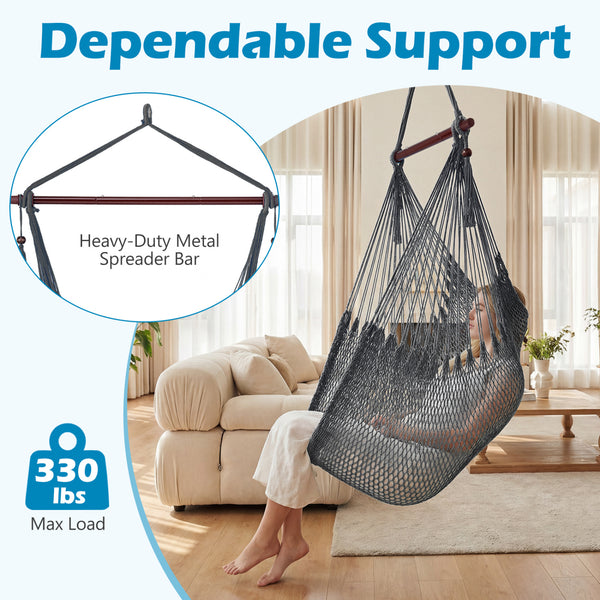 Triple-strand polyester rope ensures breathable comfort<br>Stretchable seat design offers spacious sitting or lying space<br>Strong metal spreader bar supports up to 330 lbs safely<br>Reinforced hanging loops and anti-slip grooves enhance stability<br>Car