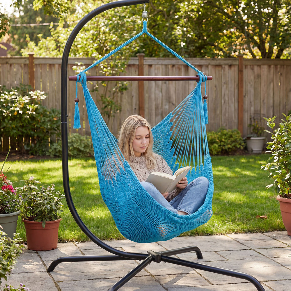 Triple-strand polyester rope ensures breathable comfort<br>Stretchable seat design offers spacious sitting or lying space<br>Strong metal spreader bar supports up to 330 lbs safely<br>Reinforced hanging loops and anti-slip grooves enhance stability<br>Car