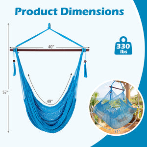 Triple-strand polyester rope ensures breathable comfort<br>Stretchable seat design offers spacious sitting or lying space<br>Strong metal spreader bar supports up to 330 lbs safely<br>Reinforced hanging loops and anti-slip grooves enhance stability<br>Car